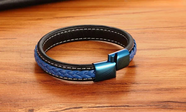 Bracelet en cuir bleu classique avec serrure pour hommes