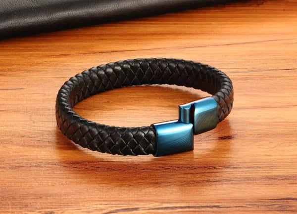 Bracelet en cuir bleu classique avec serrure pour hommes