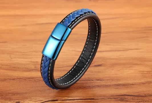 Bracelet simple en cuir bleu classique avec fermoir pour homme (EGBT048)