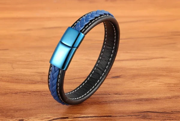 Bracelet en cuir bleu classique avec serrure pour hommes