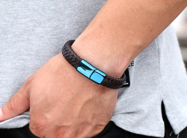 Bracelet en cuir bleu classique avec serrure pour hommes