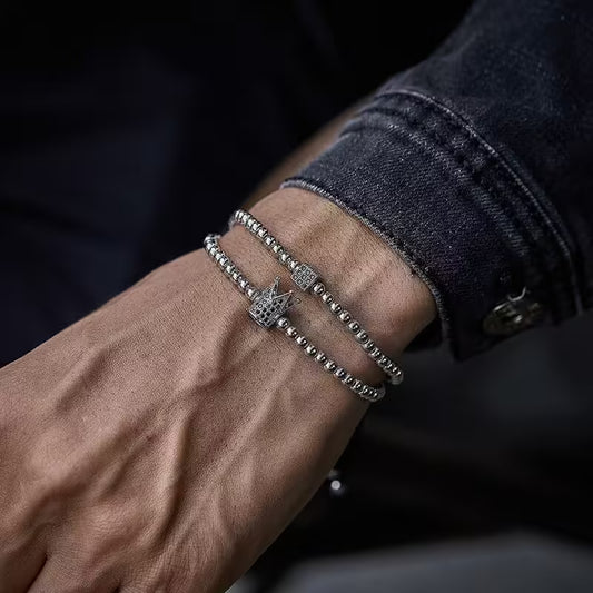 Ensemble de 2 bracelets classiques pour homme en forme de cube et de couronne / Shamballa (EGBT239)