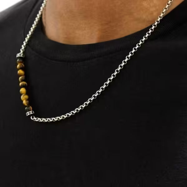 Collier pendentif classique rond en pierre œil de tigre pour hommes et femmes (EGN053)