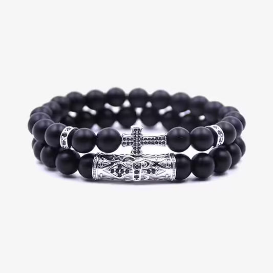 مجموعة أساور من الحجر الطبيعي المتقاطع باللون الأسود (EGBT221) 