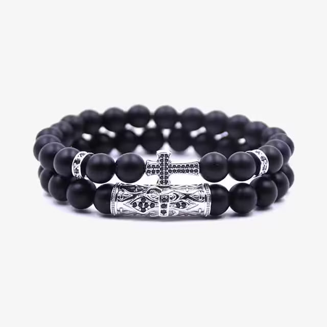 Cross Black Beaded Natural Stone Bracelet Set (EGBT221)