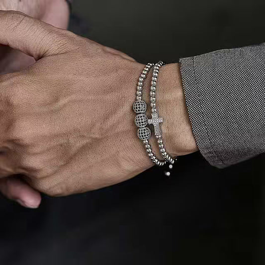 Bracelet Shamballa ajustable avec croix, 3 boules disco et perles de 4 mm (EGBT194) 