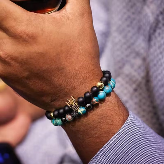 Bracelet fait main en perles de pierre de 6 mm avec couronne et boule disco (lot de 2) (EGBT203) 