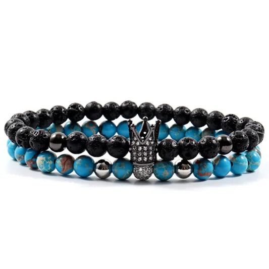 Bracelet fait main en perles de pierre de 6 mm avec couronne et boule disco (lot de 2) (EGBT203) 