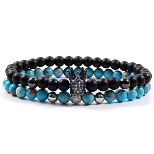 Bracelet fait main en perles de pierre de 6 mm avec couronne et boule disco (lot de 2) (EGBT203) 