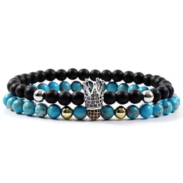 Bracelet fait main en perles de pierre de 6 mm avec couronne et boule disco (lot de 2) (EGBT203) 
