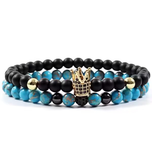 Bracelet fait main en perles de pierre de 6 mm avec couronne et boule disco (lot de 2) (EGBT203) 