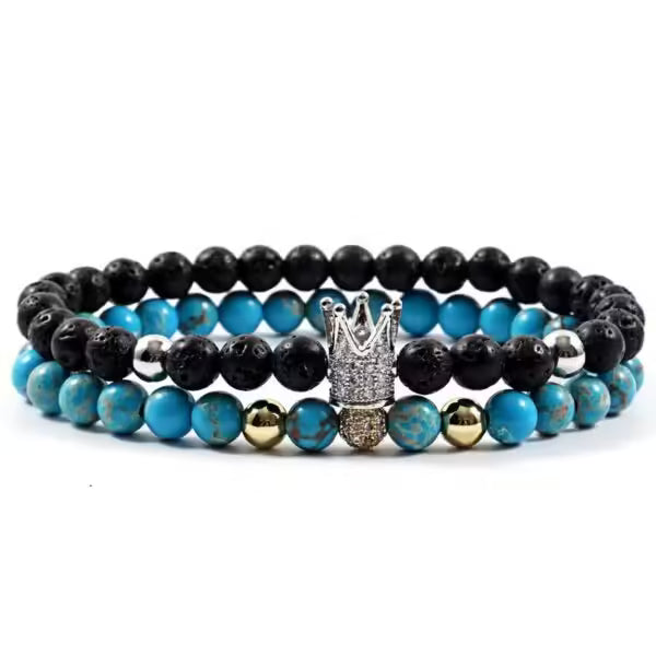 Bracelet fait main en perles de pierre de 6 mm avec couronne et boule disco (lot de 2) (EGBT203) 