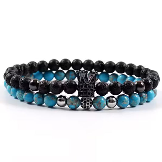 Bracelet fait main en perles de pierre de 6 mm avec couronne et boule disco (lot de 2) (EGBT203) 