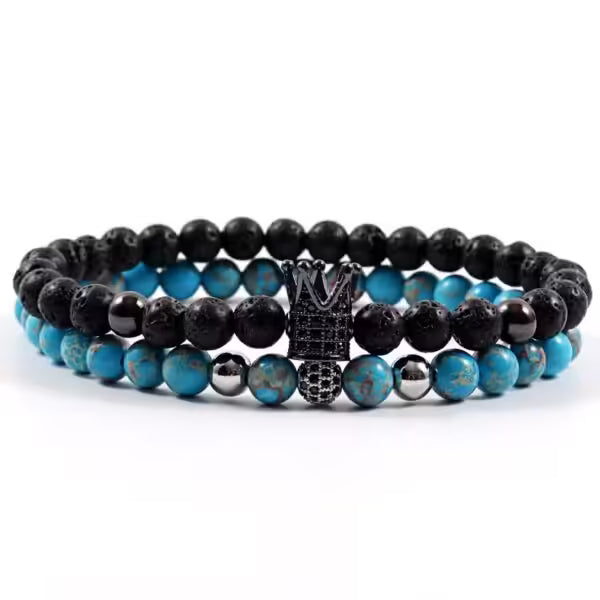 Bracelet fait main en perles de pierre de 6 mm avec couronne et boule disco (lot de 2) (EGBT203) 