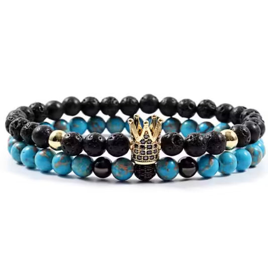 Bracelet fait main en perles de pierre de 6 mm avec couronne et boule disco (lot de 2) (EGBT203) 