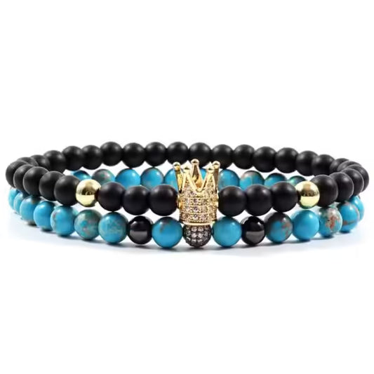 Bracelet fait main en perles de pierre de 6 mm avec couronne et boule disco (lot de 2) (EGBT203) 