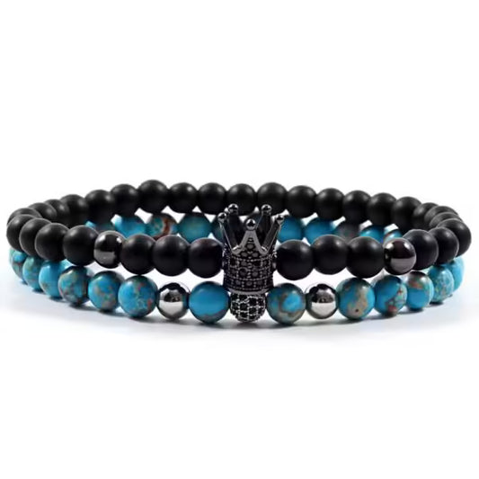 Bracelet fait main en perles de pierre de 6 mm avec couronne et boule disco (lot de 2) (EGBT203) 