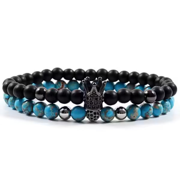 Bracelet fait main en perles de pierre de 6 mm avec couronne et boule disco (lot de 2) (EGBT203) 