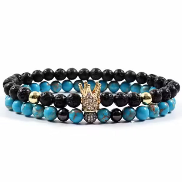 Bracelet fait main en perles de pierre de 6 mm avec couronne et boule disco (lot de 2) (EGBT203) 