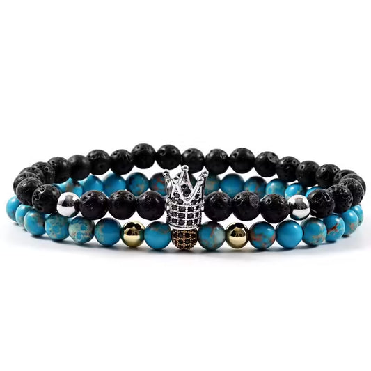 Bracelet fait main en perles de pierre de 6 mm avec couronne et boule disco (lot de 2) (EGBT203) 