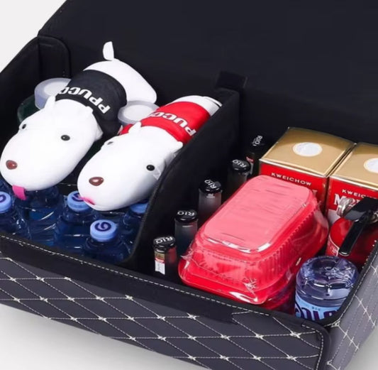 PU Leather Collapsible Car Trunk Organizer – Durable Vehicle Storage Box with White Stitching & Handles | Cargo Carrier by Amagi