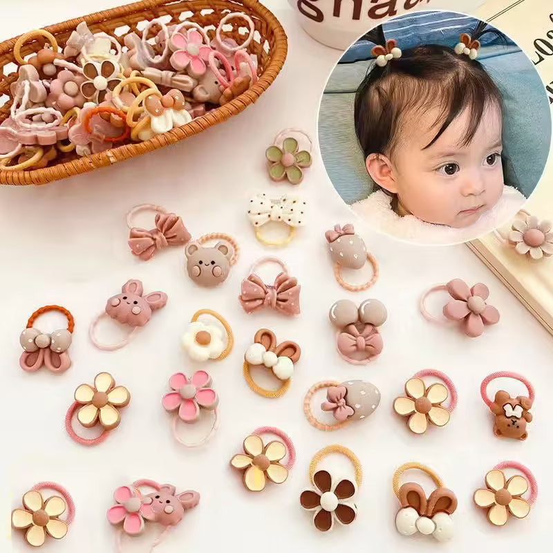 Lot de 20 élastiques à cheveux mignons avec motifs ours et lapins pour filles | Accessoires pour cheveux bébés et enfants avec nœud et fleur