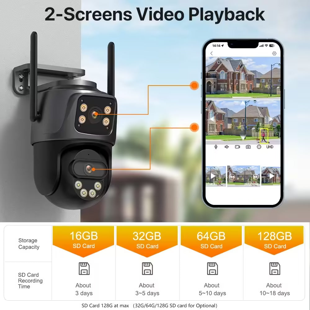 Caméra IP WiFi PTZ 4K 8MP à double objectif et double écran - Surveillance extérieure avec vidéosurveillance HD 4MP, suivi automatique et protection renforcée | Compatible iCSee 