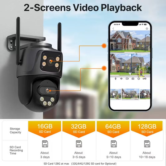 4K 8MP PTZ WiFi Camera Dual Lens Dual Screen IP Camera - Outdoor CCTV Surveillance with 4MP HD, Auto Tracking, Security Protection | iCSee Compatible