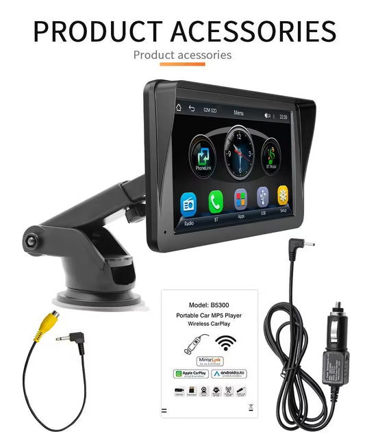 راديو سيارة عالمي بشاشة لمس ٧ بوصات، مشغل وسائط متعددة، مع واقي شمس ٥٣٠٠، يدعم كار بلاي وأندرويد أوتو لاسلكيًا