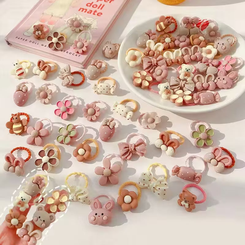 Lot de 20 élastiques à cheveux mignons avec motifs ours et lapins pour filles | Accessoires pour cheveux bébés et enfants avec nœud et fleur