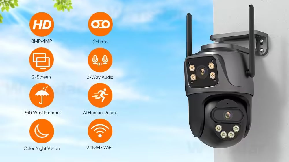 Caméra IP WiFi PTZ 4K 8MP à double objectif et double écran - Surveillance extérieure avec vidéosurveillance HD 4MP, suivi automatique et protection renforcée | Compatible iCSee 