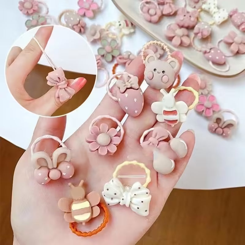 Lot de 20 élastiques à cheveux mignons avec motifs ours et lapins pour filles | Accessoires pour cheveux bébés et enfants avec nœud et fleur