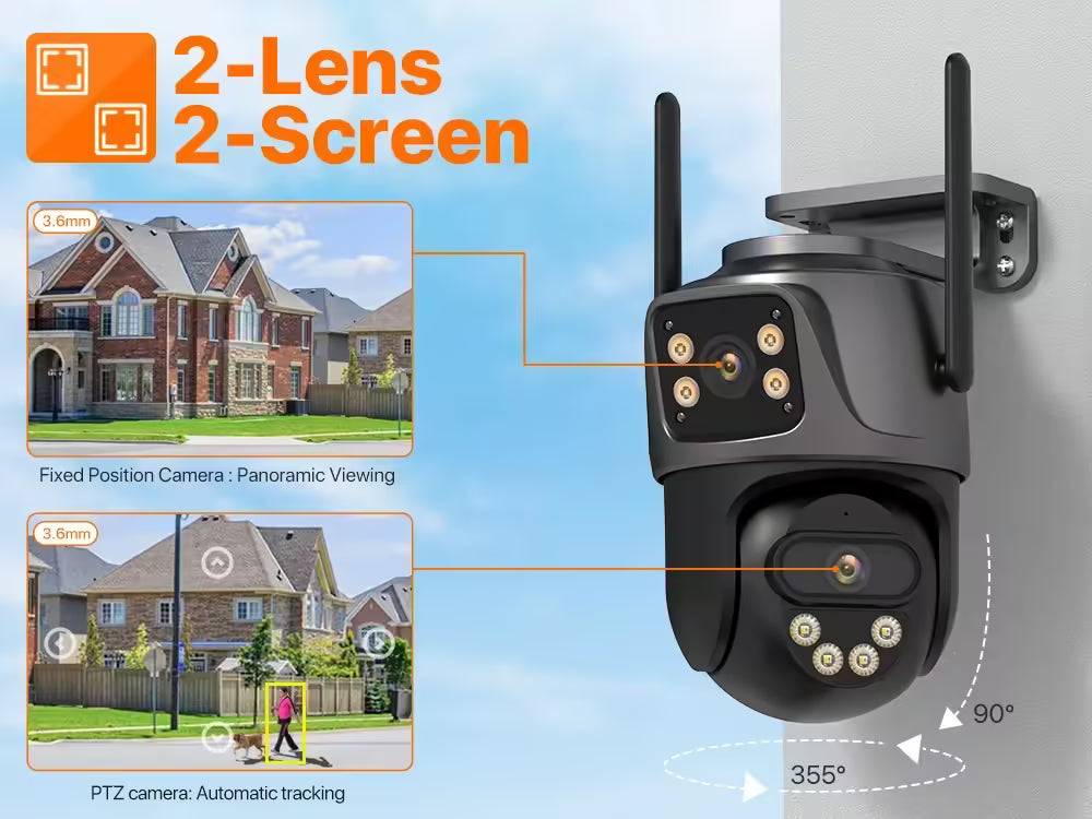 Caméra IP WiFi PTZ 4K 8MP à double objectif et double écran - Surveillance extérieure avec vidéosurveillance HD 4MP, suivi automatique et protection renforcée | Compatible iCSee 