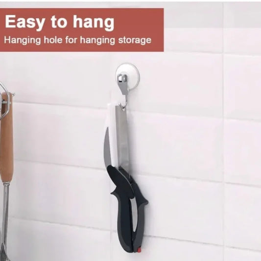 Couteau de cuisine astucieux, ciseaux multifonctions en acier inoxydable pour légumes et fruits, avec planche à découper intégrée.