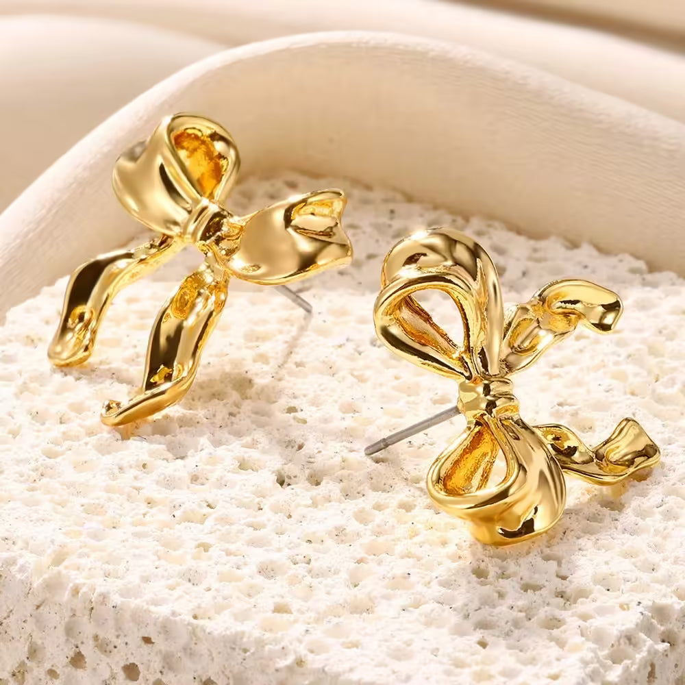 Gold Bow Stud Earrings for Women - Fashion Cute Jewelry | Piercing Ear Accessories