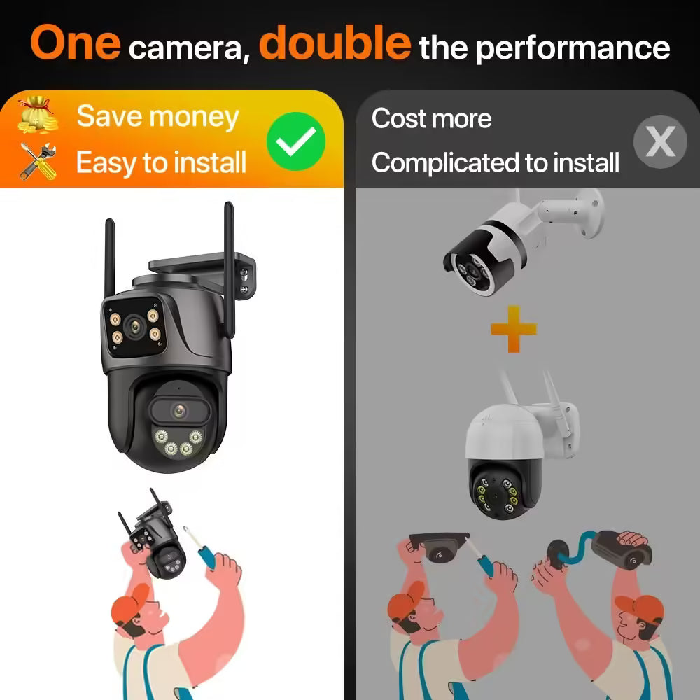 Caméra IP WiFi PTZ 4K 8MP à double objectif et double écran - Surveillance extérieure avec vidéosurveillance HD 4MP, suivi automatique et protection renforcée | Compatible iCSee 