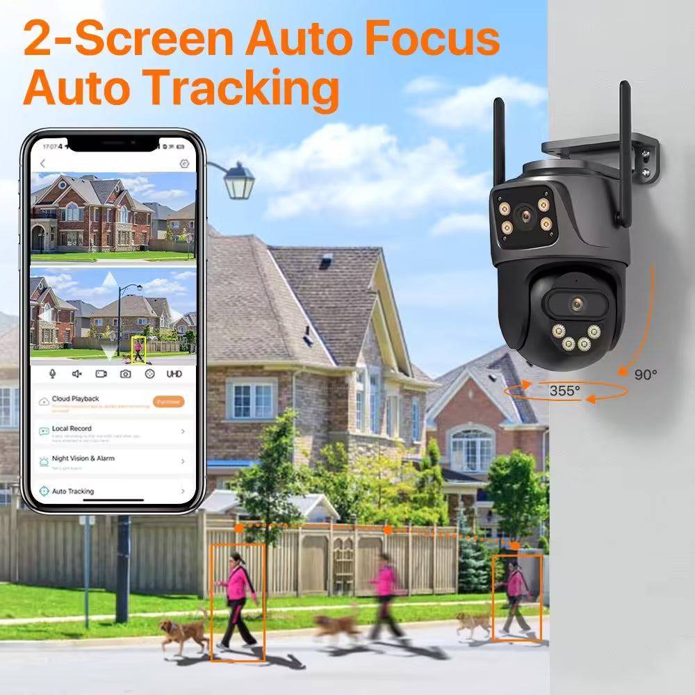 4K 8MP PTZ WiFi Camera Dual Lens Dual Screen IP Camera - Outdoor CCTV Surveillance with 4MP HD, Auto Tracking, Security Protection | iCSee Compatible