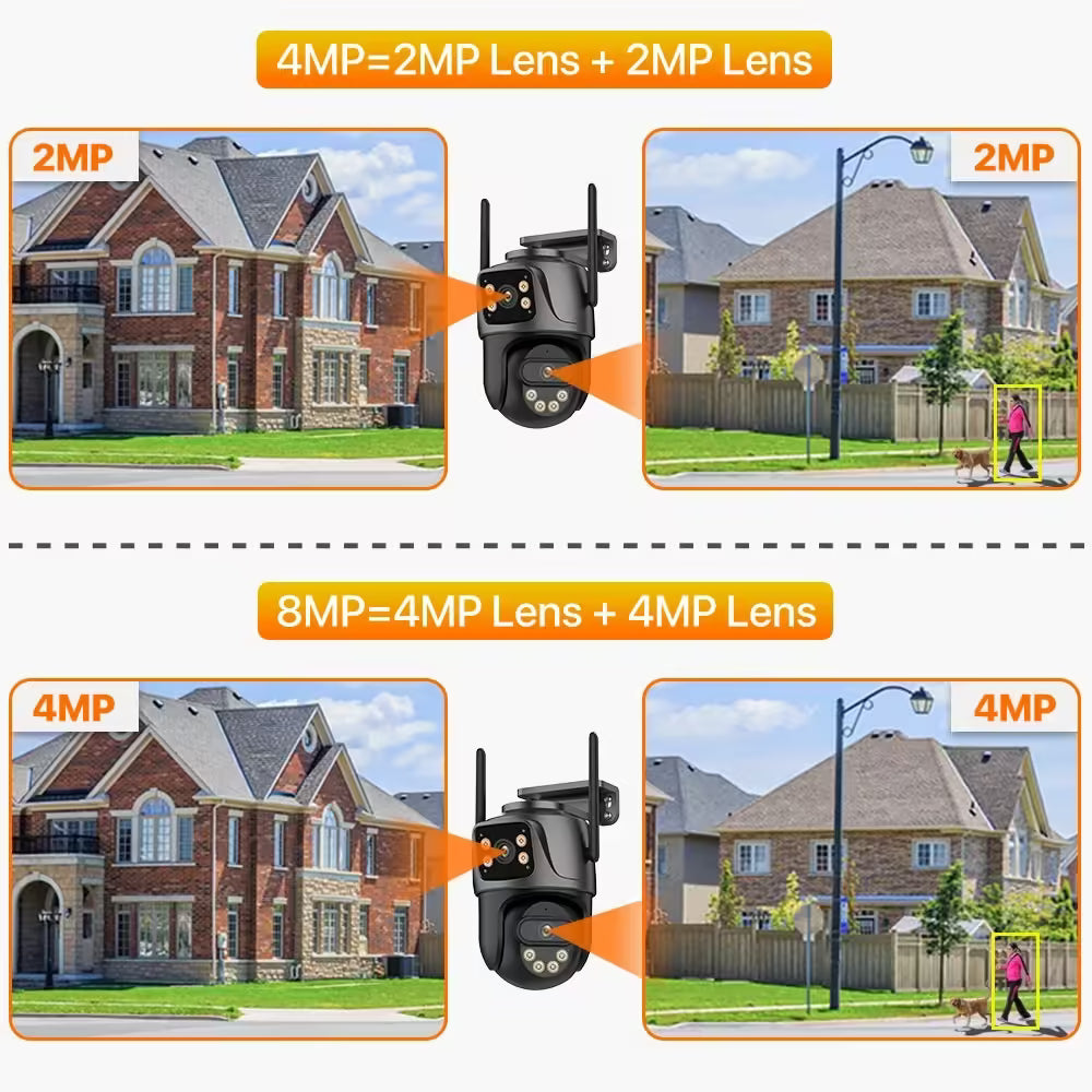 Caméra IP WiFi PTZ 4K 8MP à double objectif et double écran - Surveillance extérieure avec vidéosurveillance HD 4MP, suivi automatique et protection renforcée | Compatible iCSee 