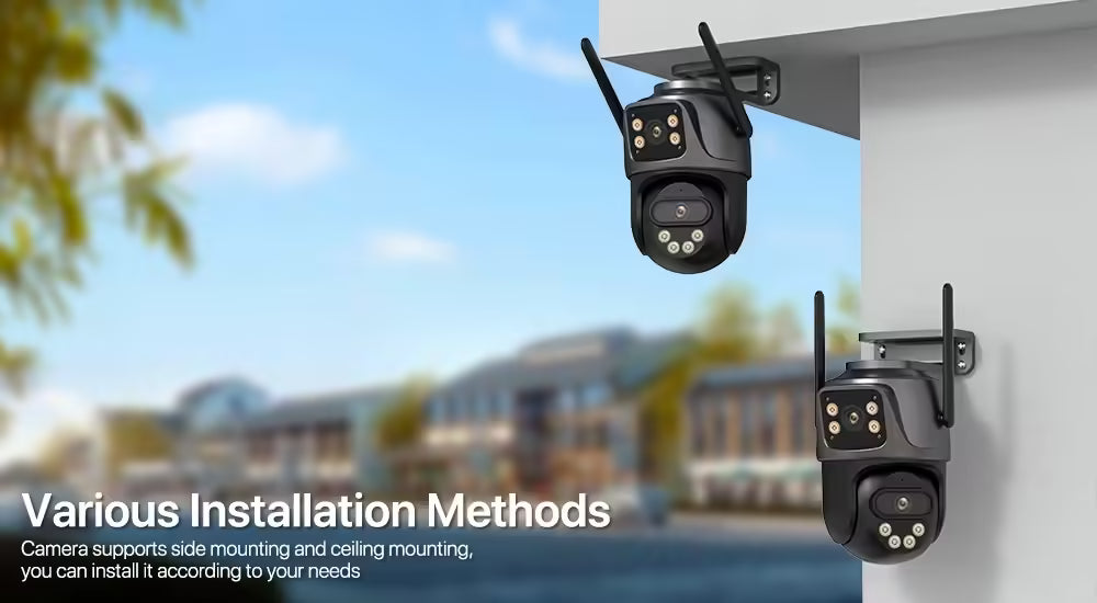 Caméra IP WiFi PTZ 4K 8MP à double objectif et double écran - Surveillance extérieure avec vidéosurveillance HD 4MP, suivi automatique et protection renforcée | Compatible iCSee 