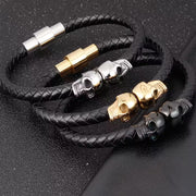 Bracelet homme en cuir à double tête de mort 3 couleurs (EGBT122)