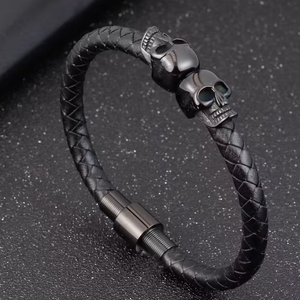 Bracelet homme en cuir à double tête de mort 3 couleurs (EGBT122)