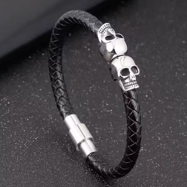 Bracelet homme en cuir à double tête de mort 3 couleurs (EGBT122)