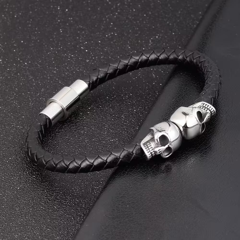 Bracelet homme en cuir à double tête de mort 3 couleurs (EGBT122)