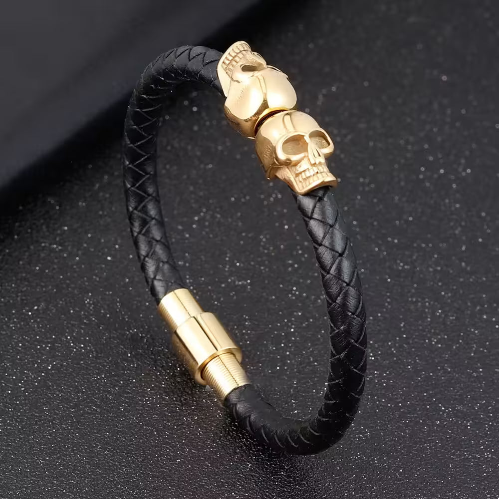 Bracelet homme en cuir à double tête de mort 3 couleurs (EGBT122)