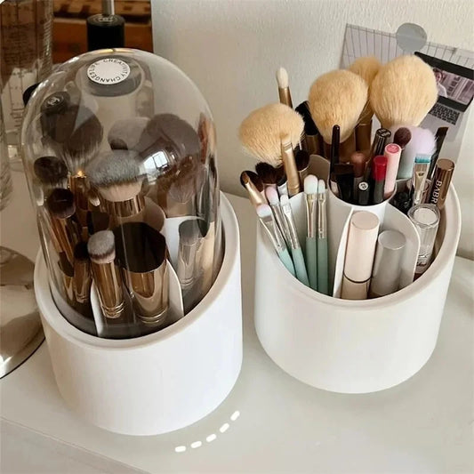 360° Rotating Makeup Brush Holder with Lid – Dustproof Cosmetic Organizer Box with Clear Acrylic Cover for Vanity & Desktop Storage