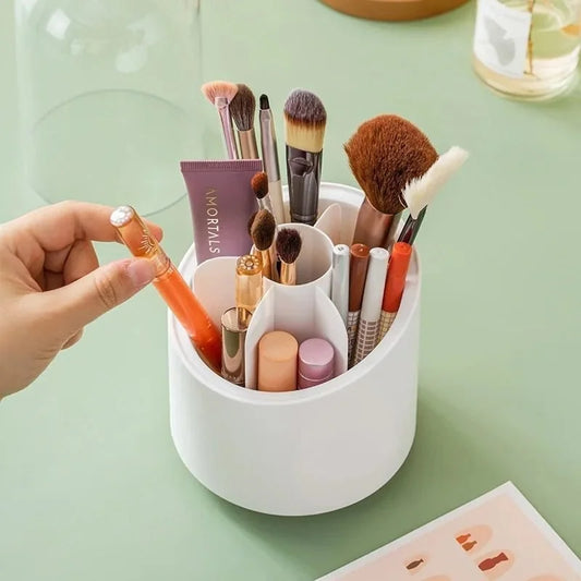 360° Rotating Makeup Brush Holder with Lid – Dustproof Cosmetic Organizer Box with Clear Acrylic Cover for Vanity & Desktop Storage