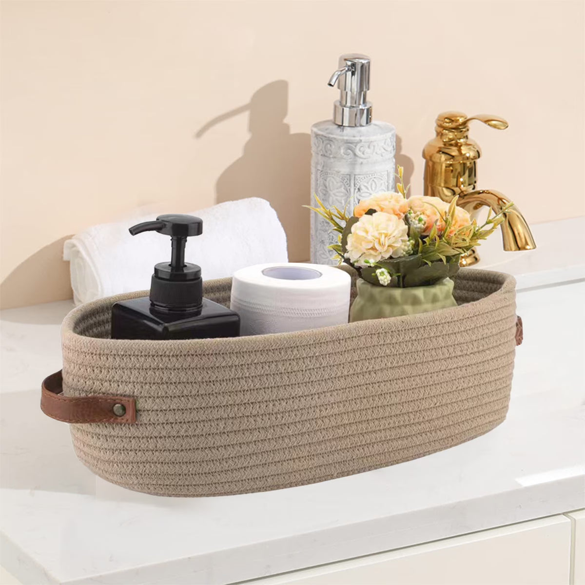 Panier de rangement de salle de bain tissé ovale – Organisateur de bureau multifonctionnel et porte-rouleau de papier toilette – Panier à jouets élégant en corde (blanc/bleu/kaki/gris)