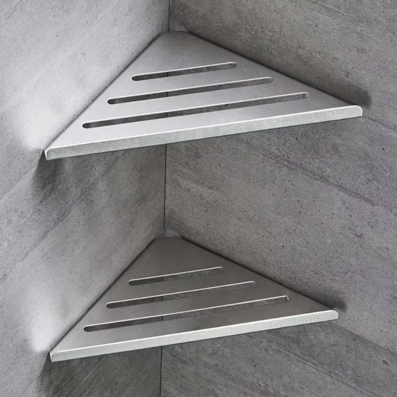 [1 Piece] 304 Stainless Steel Corner Shower Shelf – Heavy-Duty Rustproof Bathroom Organizer – Drill-Free Wall-Mounted Shampoo Rack – Single Tier Hollow Drainage Storage Shelf (Black / White)