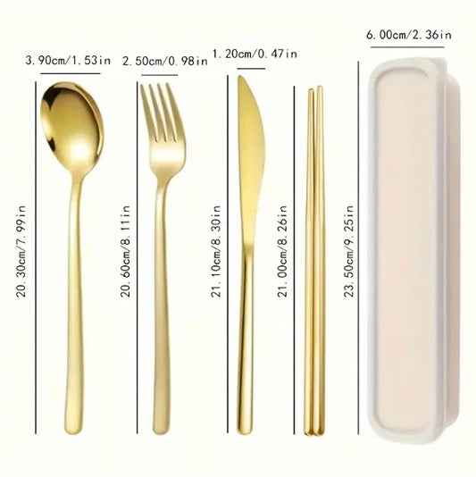 4-Piece Portable Travel Cutlery Set with Case – Stainless Steel Knife, Fork, Spoon, and Chopsticks – Reusable Outdoor Camping & Office Lunchware Kit
