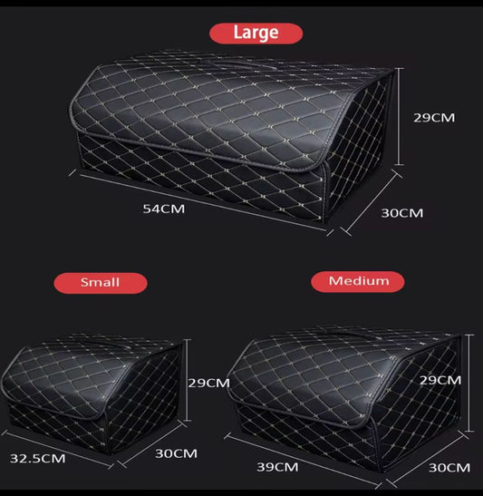 PU Leather Collapsible Car Trunk Organizer – Durable Vehicle Storage Box with White Stitching & Handles | Cargo Carrier by Amagi